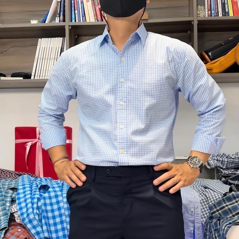 Apace Manson - Áo sơ mi dài tay caro xanh trắng cotton mềm dáng regular dành cho Nam Menswear