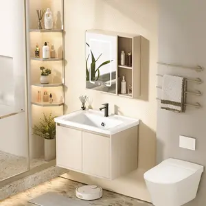 Wastafel Keramik + Lemari Kamar Mandi Krim & Cermin Pintar 40–80cm