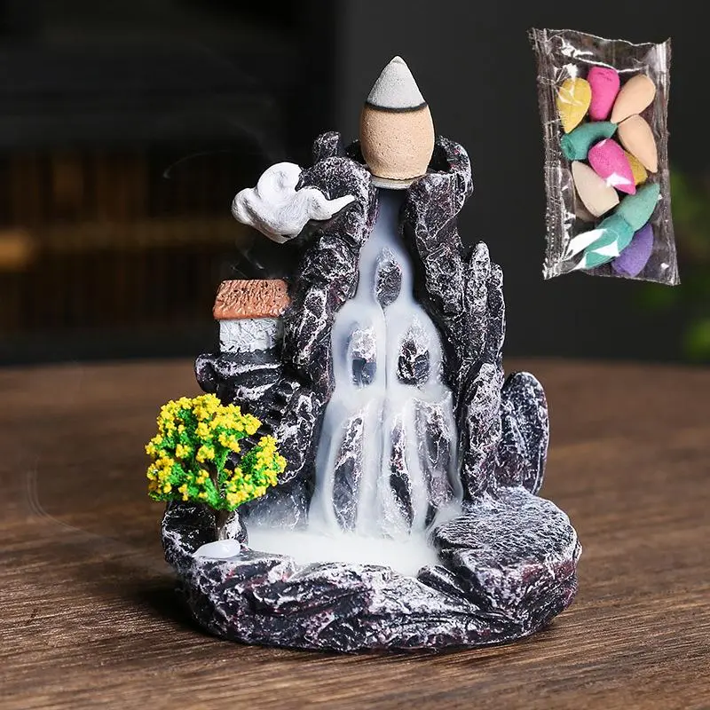Creative Waterfall Design Incense Burner, 1 Set Including 1 Incense Burner and 10 Incenses, Desktop Decoration for Home Office, Home Fragrance Supplies, Scent, Household Items