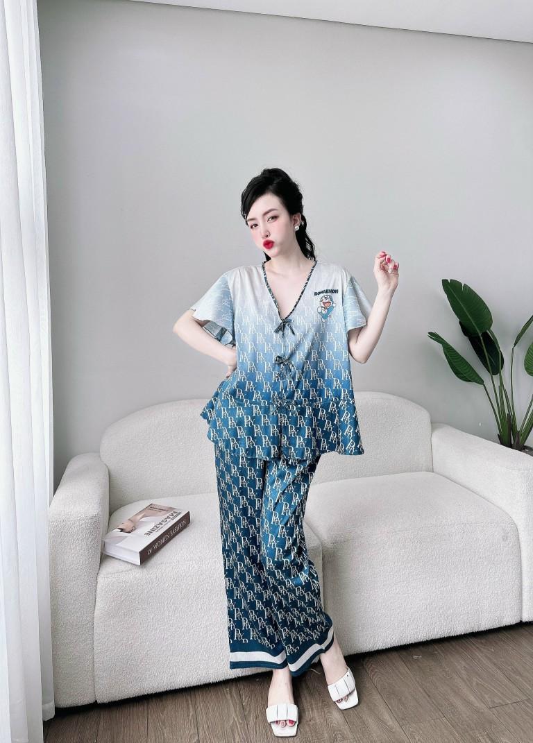 Product Introduction of Đồ bộ Bigsize (70-100kg) áo tay cánh tiên cổ V 3 nơ chất lụa xước ánh kim mềm mát không nhăn, nhiêù hoạ tiêt 7