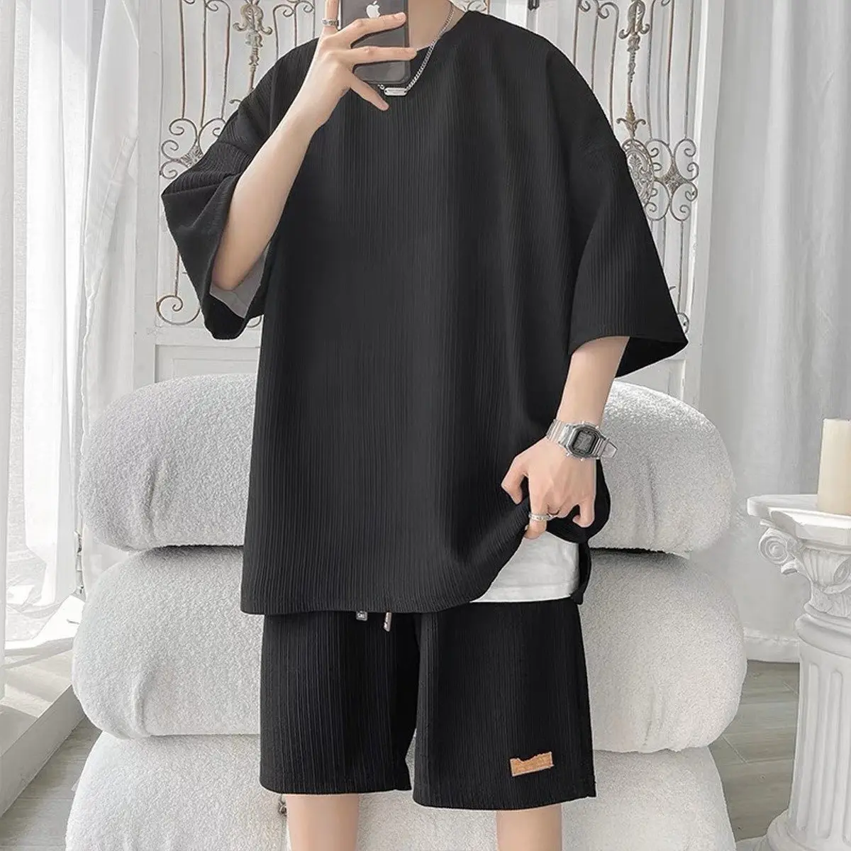 Bộ Thun Nam Cổ Tròn Chất Thun Vân Nổi Nhẹ Mát Menswear Áo Quần