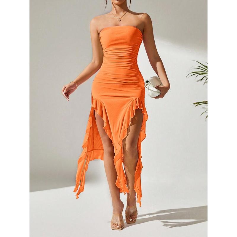 Ruched Split Thigh Ruffle Trim Tube Dress,Pastel Dresses For Women 7