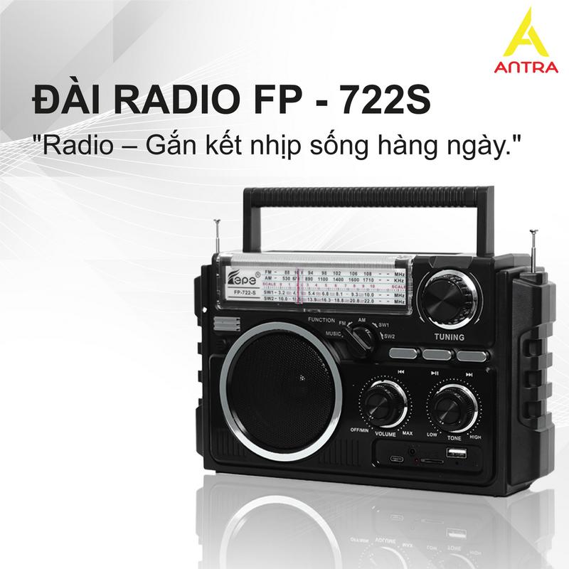 Antra Đài Radio FP-722S, Tặng USB Nghe Nhạc, 2 ăng Ten, 2 Tấm Pin Năng Lượng Mặt Trời, Nghe Nhạc FM AM SW MP3 Bluetooth