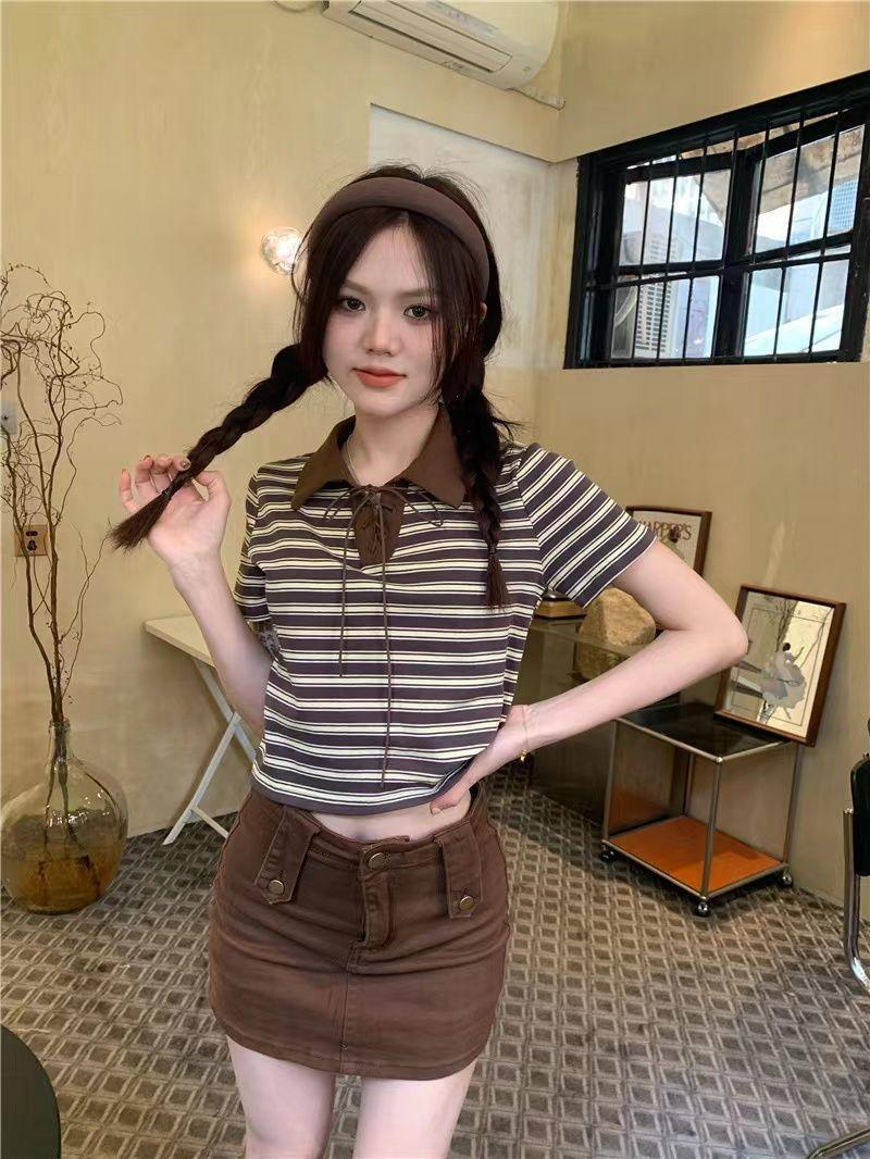 Product Introduction of Áo Thun Sọc, Cổ Polo Màu Tương Phản, Dành Cho Nữ, Phong Cách Cổ Điển Mùa Hè, Mỏng Vừa Vặn, Ngắn Tay, Áo Vai Ngắn, Bán Chạy 5
