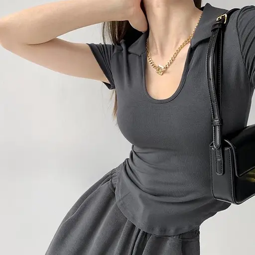 【Premium】U-Neck Short Sleeve Stretchy Basic Collar Top 7107 (S/M/L) 6