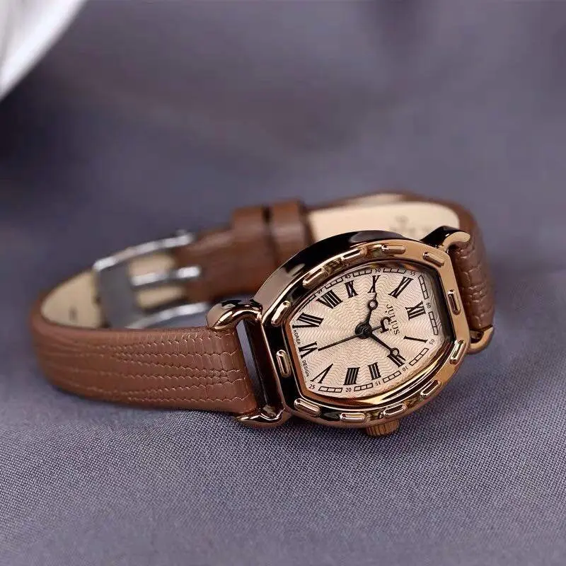 Jam Tangan Julius, Jenama Korea Selatan, Untuk Wanita, Fesyen Trendi, Jam Tangan Wanita Pelajar Berbentuk Barrel Kecil, Tali Nipis