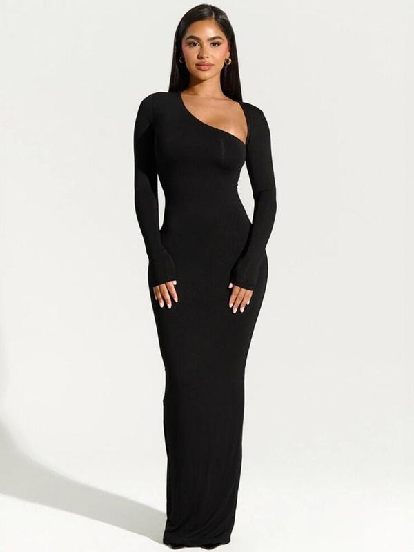 Women's Christmas Solid Asymmetrical Neck Split Bodycon Dress, Fit Long Sleeve Maxi Dress for Party Dating Wear, Ladies Clothes for All Seasons Valentine's Day, gift 0