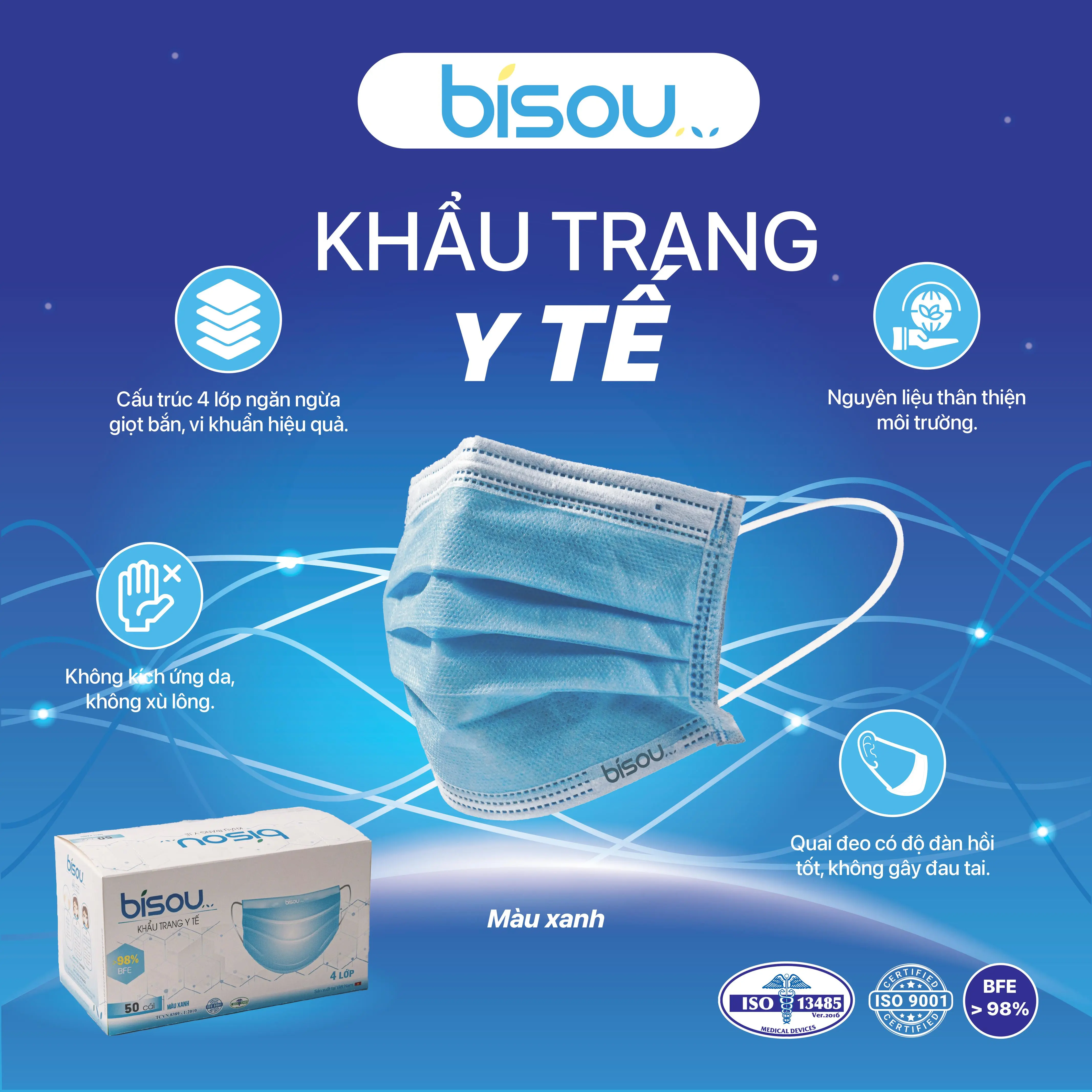Hộp 50 khẩu trang y tế BISOU 4 lớp, tiêu chuẩn >98% BFE