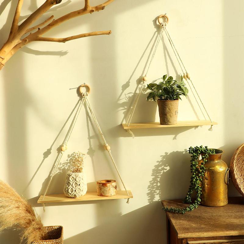 Hanging Wooden Shelves, 2 Counts Boho Hanging Plant Shelf, Floating Farmhouse Rustic Shelf, Room Decor, Summer Gifts Home Interior Decor 7