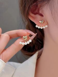 Chaqueta de arete elegante para mujer decorada con perla falsa, 1 par de chaquetas de arete de diseño de corazón exquisitas y modernas, joyería hermosa y chic como regalo para novia