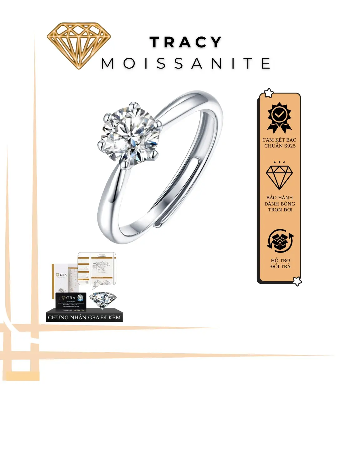 1 CARAT [Đá Moissanite] , NHẪN Classic Six, Bạc s925 si vàng trắng 18k,Sang Trọng, Tinh Tế, Kiểm Đinh GRA