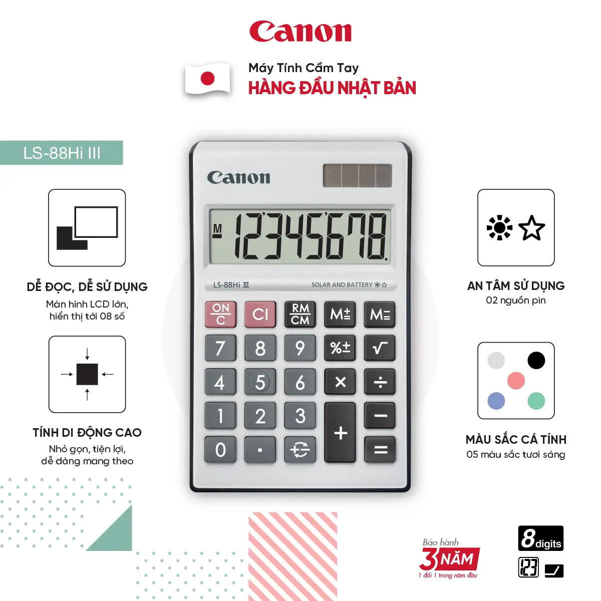 Máy Tính Cầm Tay Canon LS-88HI III | Màu Sắc Cá Tính Sinh Động | Thiết Kế Nhỏ Gọn Tiện Lợi | Phù Hợp Cho Học Sinh Sinh Viên maytinh chinhhang math calculators digital