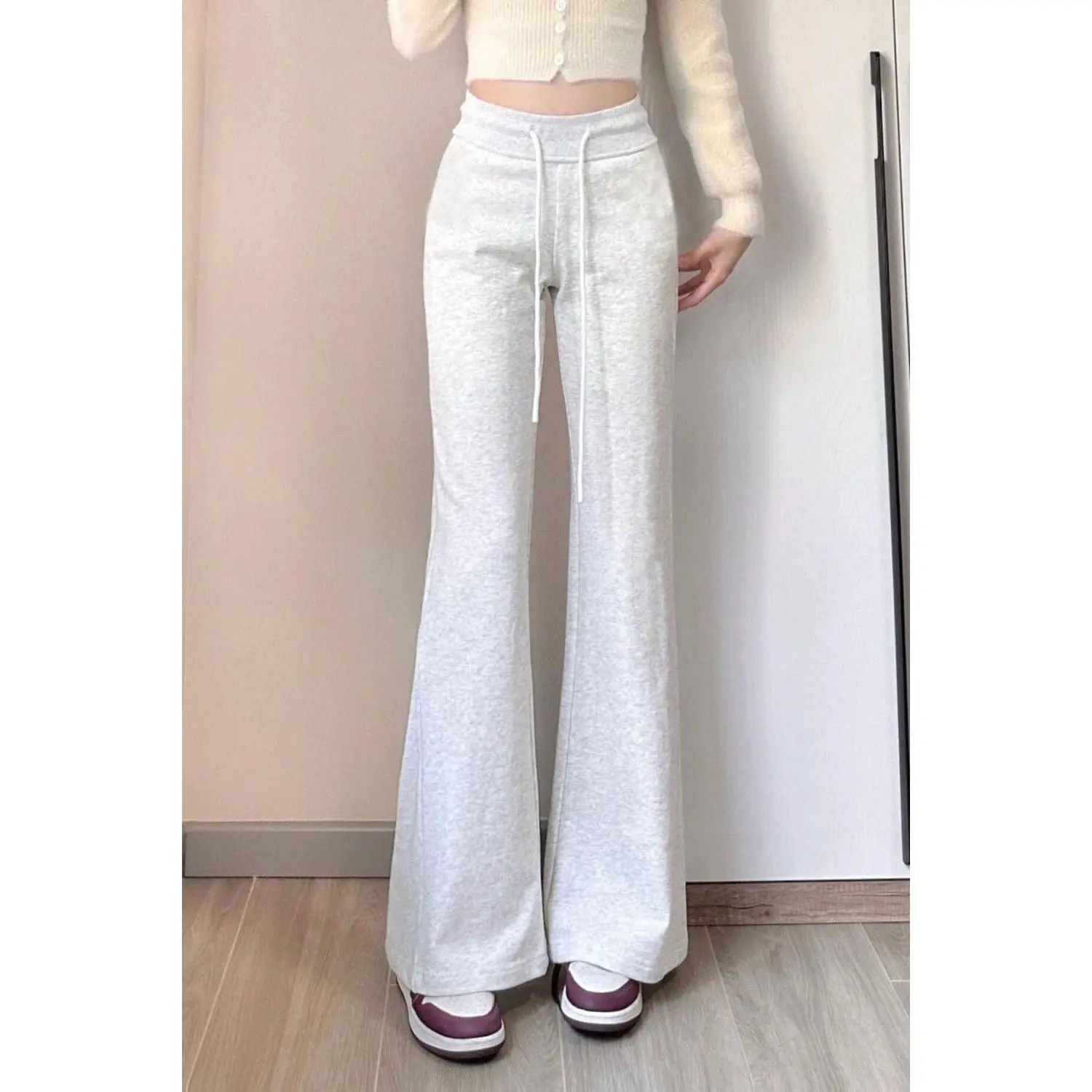 White Gray Flared Pants for Women 2025 Spring New High Waist Slim Fit Draped Slimming Casual Sports Pants