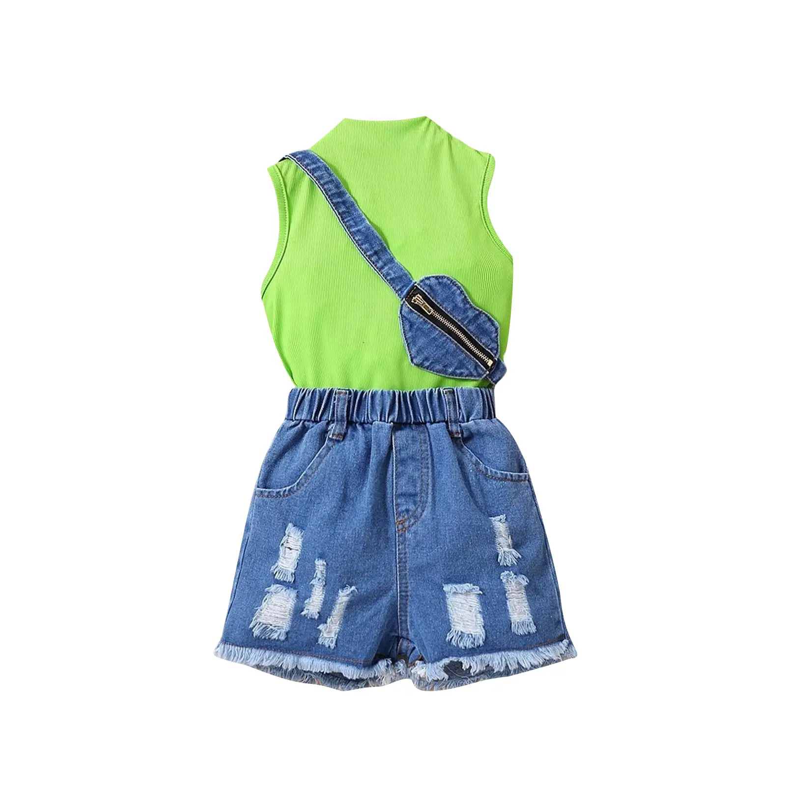 Kids Girls Summer Outfits Solid Color Mock Neck Ribbed Knit Tank Tops Ripped Denim Shorts Heart Bag 3Pcs Clothes Set