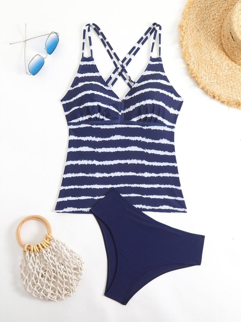 Product Introduction of Women's Striped Print Tankini Set, Casual Sleeveless Swim Top & Swim Bottom Swimsuit for Beach Holiday Vacation, Ladies Swimwear for All Seasons 9