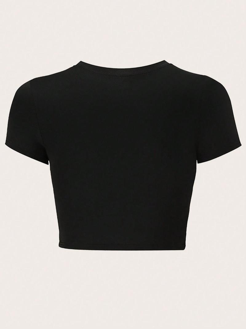 Product Introduction of Women's Letter Print Round Neck Crop Tee, Casual Short Sleeve Graphic Crop Top for Daily Wear, Ladies Clothes for All Seasons, Clothing 2