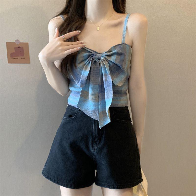 Product Introduction of Sweet and Spicy Style Striped Small Sling Vest Women's Summer Inner Wear Outer Wear Design Sense Niche Bow Sleeveless Short Top turtleneck  tank Lingerie Plaid Spaghetti Strap tank  top camisole  tops baby  tee 2