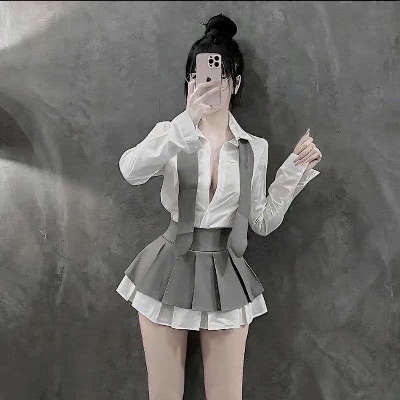 Áo sơ mi Lụa Kèm cavat Phối Chân váy Xê s Li viền Lụa xoè size 40-54kg 0