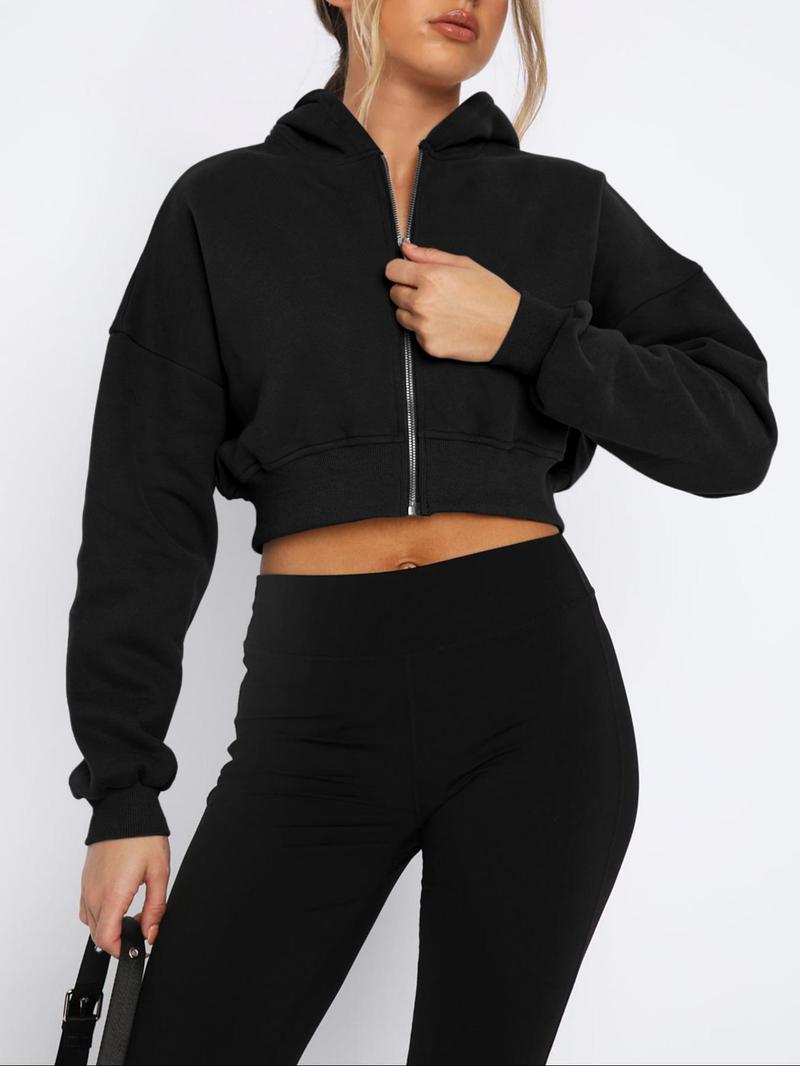 Product Introduction of Women's Solid Zip Up Drop Shoulder Hoodie, Casual Long Sleeve Hooded Sweatshirt for Fall & Winter, Women's Clothing for Daily Wear 13