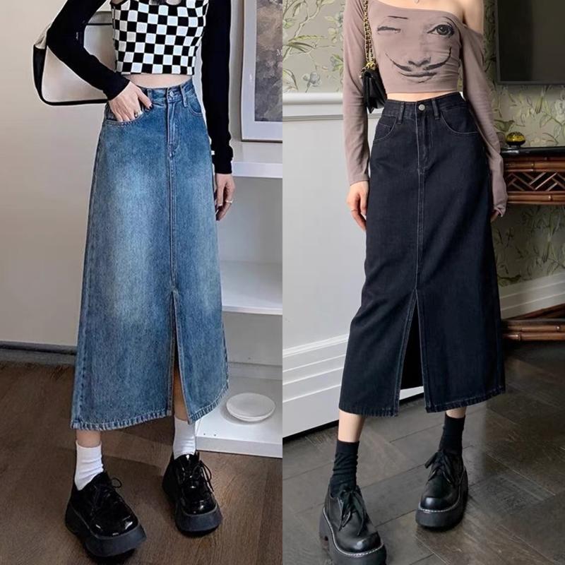 Chân Váy Jean Dài Cạp Cao Màu Đen Tuyền Phom Chữ A Dài Qua Gối 80cm Xẻ Trước Thời Trang BigSize 55-90kg Rẻ Đẹp 0030 Nữ Denim Cotton Women Voan chânváy bò dánglửng a-line skirts demetra pacsun