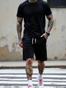 Two-piece Set Men's Solid Color Short Sleeve Tee & Drawstring Waist Shorts Set, Regular Fit Comfortable Breathable Round Neck T-shirt & Pocket Track Shorts, Casual Summer Clothes Set for Men