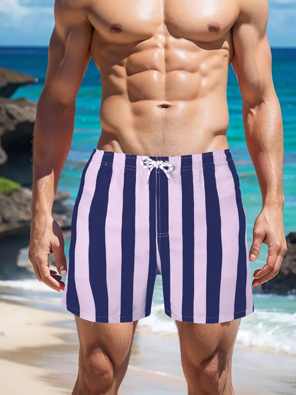 Men's Striped Print   Shorts, Regular Fit Casual Comfy Breathable Swim Shorts for Summer, Men's Shorts for Beach Vacation 0