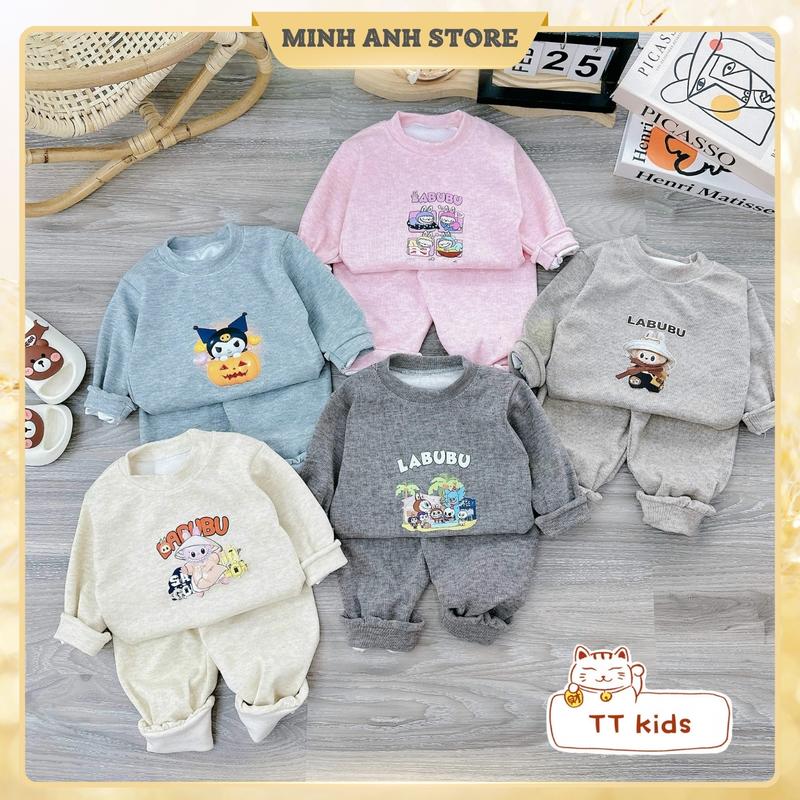 Combo 3 Bộ Quần Áo Nỉ Tăm Lông Thỏ Cổ Tròn hoạ Tiết In Nhiệt Hình LABUBU Giữ Ấm Tốt Cho Bé Trai, Bé Gái Từ 5-15Kg set  len