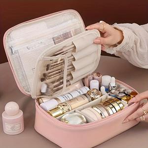 Bolsa de maquillaje desmontable de gran capacidad y múltiples compartimentos, organizador de cosméticos de viaje de cuero sintético, con almacenamiento para brochas, bolsa universal portátil de esenciales de belleza, adecuada para hombres y mujeres