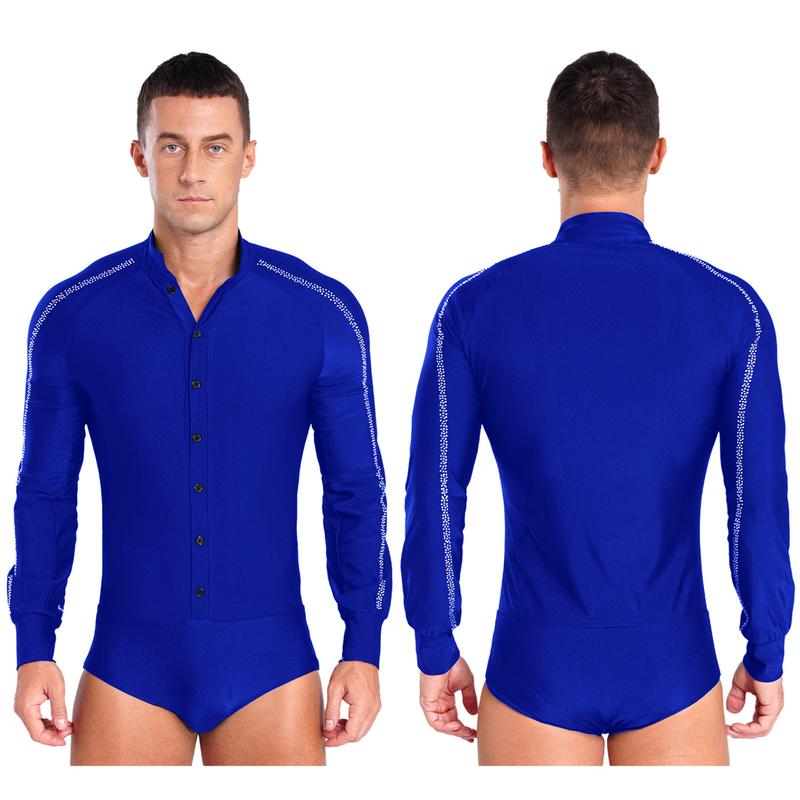 Trang Phục Thi Đấu Khiêu Vũ Latin Nam Hồi Giáo, RUNQHUI, Tay Raglan, Cổ Chân Đế Có Nút, Đính Đá Lấp Lánh Leotard Sport 4