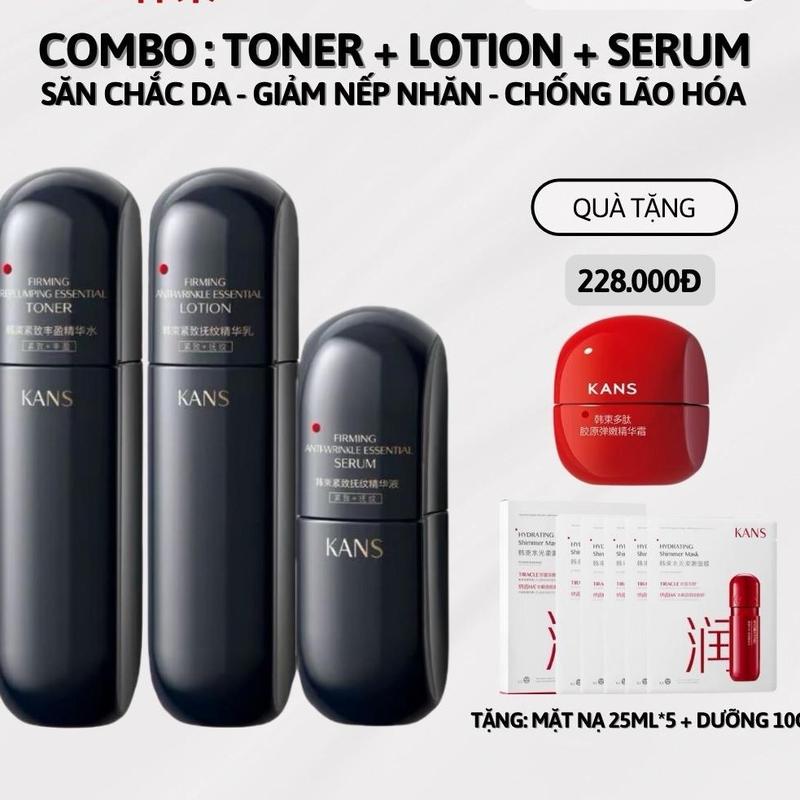 TẶNG MASK-Combo 3 Sản Phẩm KANS Đen Dưỡng Ẩm Săn Chắc Da, Giảm Tình Trạng Chảy Xệ Thiếu Đàn Hồi & Hỗ Trợ Làm Đầy Cách Đường Rãnh Nhăn Trên Da: Toner, Lotion, Kem Dưỡng