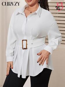 CURVZY Plus Size Solid Belted Button Front Shirt, Casual Long Sleeve Collared Top for Daily Wear, Women's Plus Clothing for All Seasons