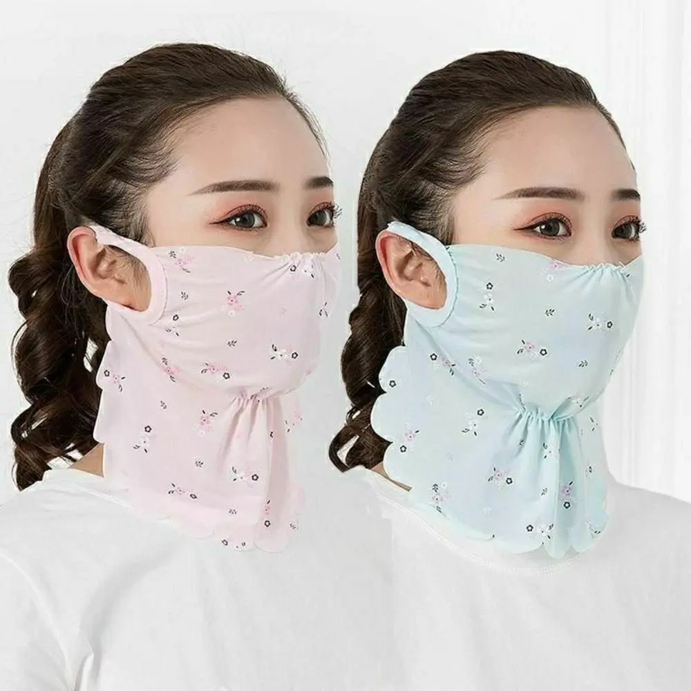 Breathable UV Protection Ice Silk Mask Sunscreen Veil Face Scarves Face Cover Flower Pattern Face Mask Face Gini Mask Women/Girls