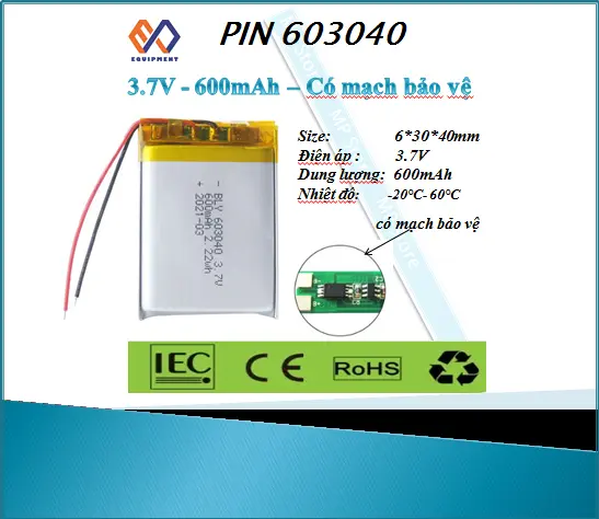 Pin Li-Po 3.7V 600mAh 603040 (Lithium Polymer) cho điện thoại, loa Bluetooth, định vị GPS, máy ghi âm, camera hành trình