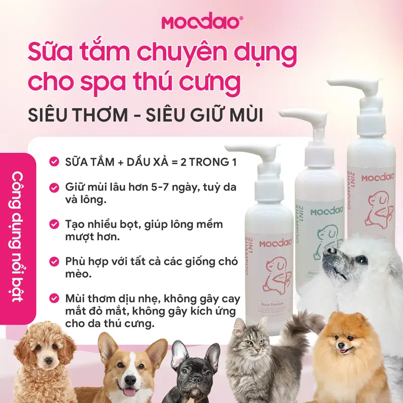 Sữa tắm chuyên dụng spa chó mèo Moodao gội xả 2in1 siêu thơm siêu giữ mùi (100ml) 0