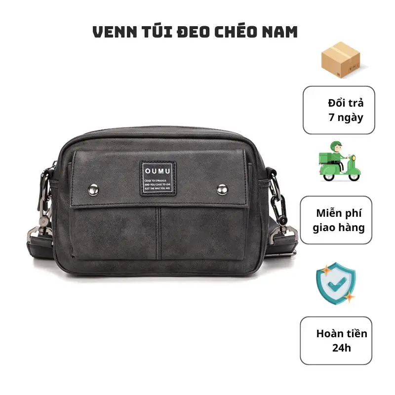 Túi đeo chéo nam O.U.M.U màu xám da PU lì mịn cao cấp VN02 loboo
