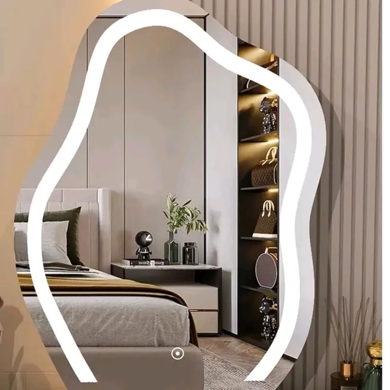 Gương hạt đậu để bàn trang điểm có viền phun cát Led cảm ứng ( tặng kèm đế gỗ ) 2