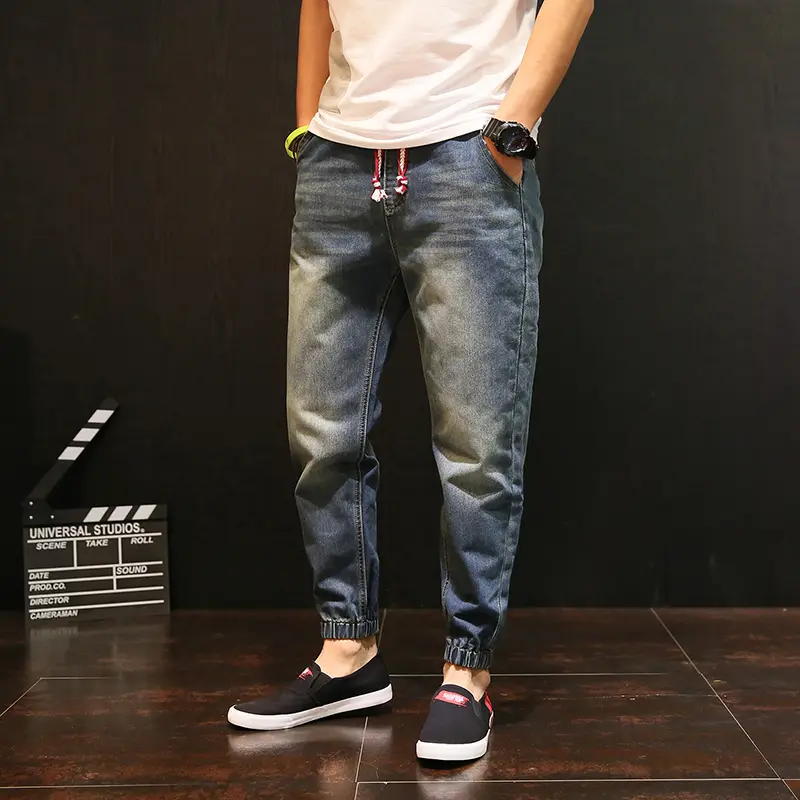 Autumn Winter Ankle-Length Jeans for Men, Jogger Pants, Slim Fit, Loose Waist, Ripped Harem Pants, Cuffed Pants