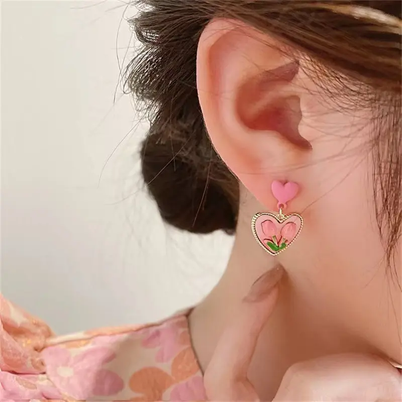 Cute Pink Double Heart Tulip Stud Earrings Flower Earrings Ear Accessories