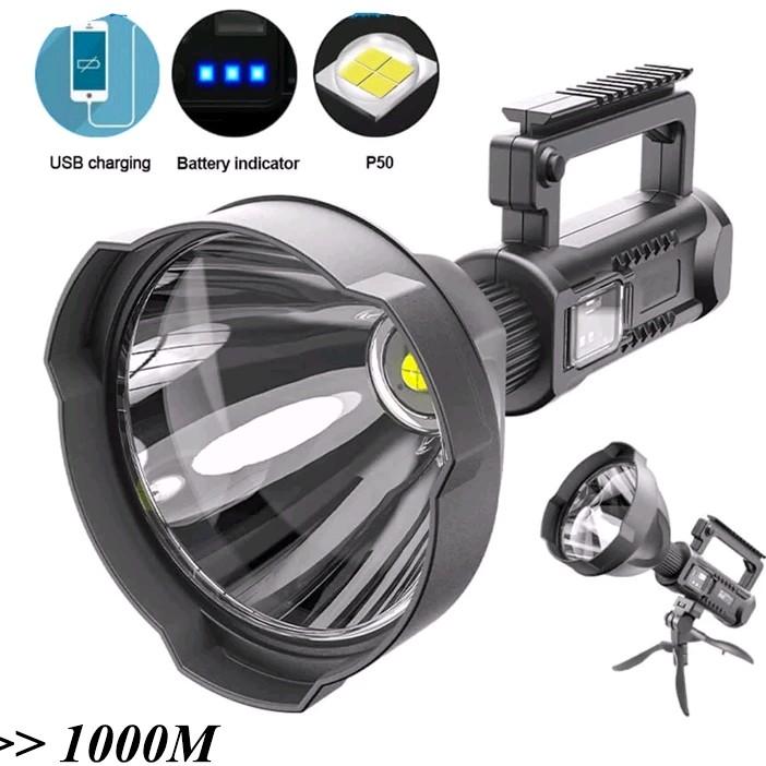 Đèn Pin Siêu Sáng W591 Chống Nước, Chiếu Xa 1000m, 4 Chế Độ Đèn, Pin Trâu Kiêm Sạc Dự Phòng, Tặng Kèm Dây Sạc, Chân Đế. Phụ Kiện den pinsieusang thái dương đèn  pin cơ động