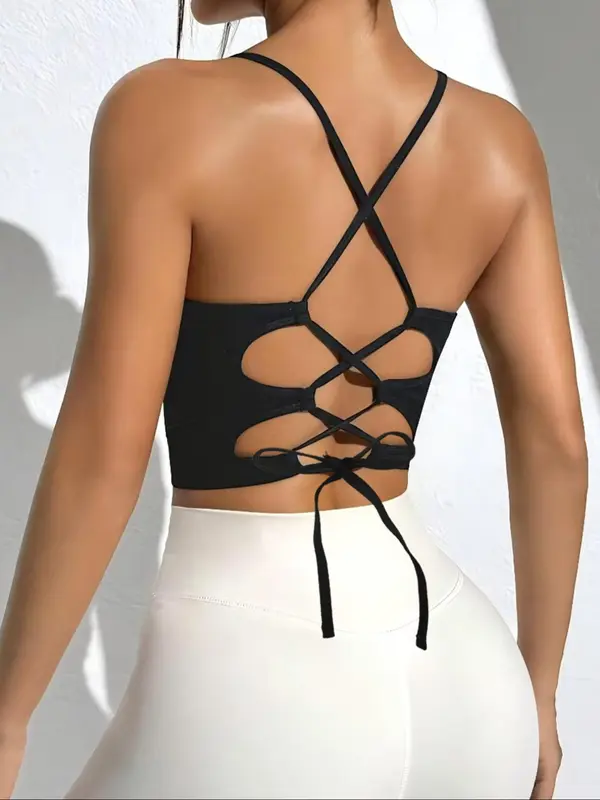 Women's Solid Criss Cross Lace Up Tie Back Crop Sports Vest, Sporty Breathable Comfortable Sleeveless Crop Top for Yoga Gym Workout, Ladies Sportswear for All Seasons 5