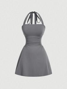 Vestido halter liso con volantes y lazo en la espalda para mujer, vestido corto informal sin mangas con vuelo para verano, ropa de mujer para el día a día