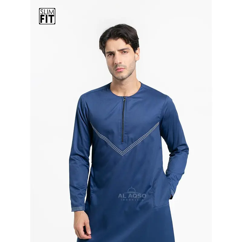 Al Aqso | Jubah Slimfit Thobe Gamis Pria Muslim Dewasa Premium Navy Abu Resleting Lengan Panjang | Jubah Osman 7