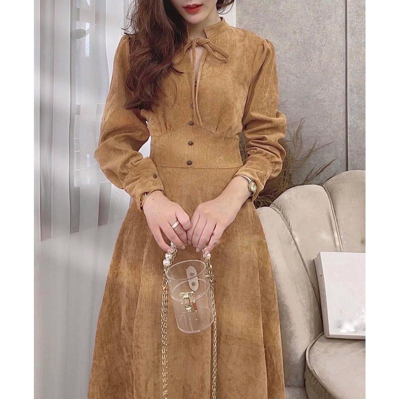Đầm nhung tăm nhún ngực tay bồng dài cổ nơ dáng xòe- đầm thiết kế 126 Dress Nữ