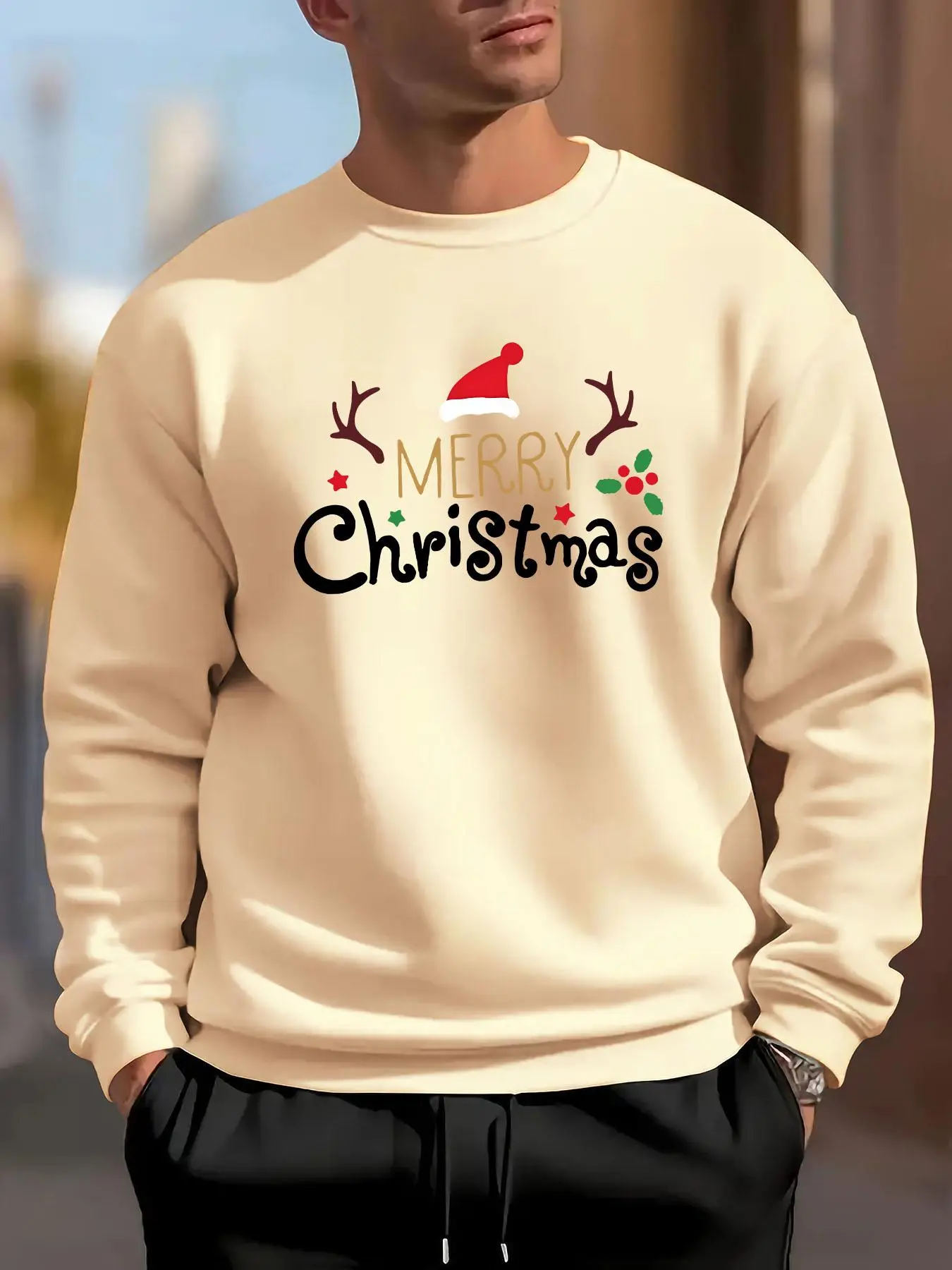 Men's Christmas Themed Cartoon Reindeer & Letter Print Drop Shoulder Sweatshirt, Regular Fit Casual Soft Comfy Long Sleeve Round Neck Pullover for Daily Wear, Men's Top for Fall & Winter