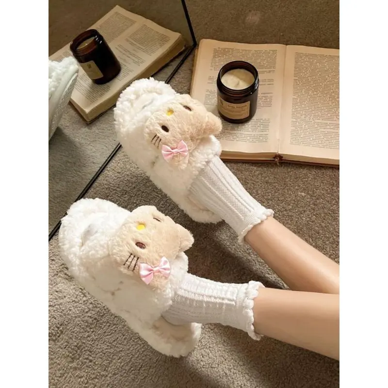 Dép Lông Mịn Hello Kitty, Thiết Kế Hoạt Hình Dễ Thương, Dành Cho Nữ, Có Thể Đeo Ngoài Trời, Hàng Mới Về Mùa Thu Và Mùa Đông, Dép Bông Nhồi Bông Đế Bằng Chống Trượt, Năm 2025 2