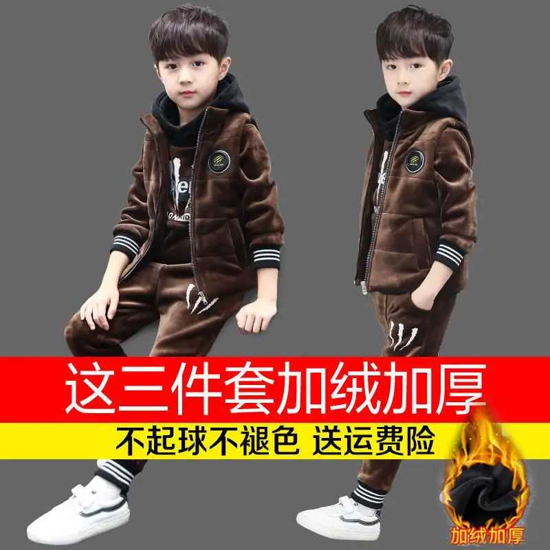 Quần Áo Mùa Đông, Bộ Ba Mảnh Cho Bé Trai, Dày Bằng Nhung Vàng, Bộ Áo Len Lót Lông Cừu Cho Trẻ Em Mới, Thích Hợp Cho Trẻ Em Cỡ Trung Bình Và Lớn, Quần Áo Cotton Hàn Quốc