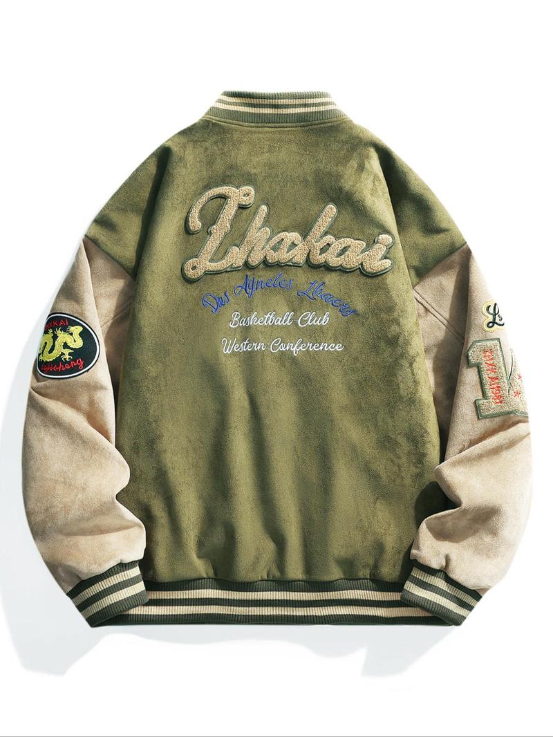 Product Introduction of Men's Letter Embroidery Pocket Baseball Jacket, Casual Drop Shoulder Long Sleeve Button Front Outerwear for Fall & Winter, Men's Clothes for Daily Wear 8