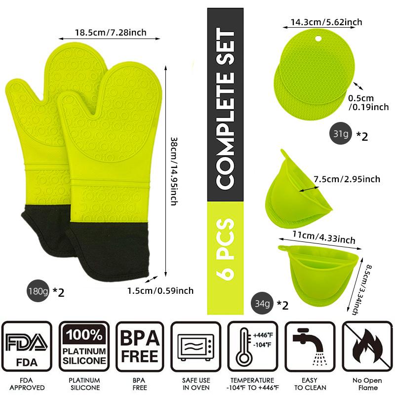 Product Introduction of Silicone Heat Insulation Oven Gloves Microwave Oven High Temperature Resistant Thickened Kitchen Insulation Gloves Honeycomb Mat Handbag 6-Piece Set 16