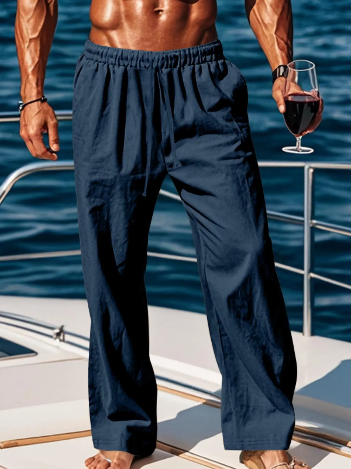 Men's Solid Pocket Drawstring Waist Pants, Regular Fit Casual Comfy Trousers for Beach Vacation Holiday, Men's Bottoms for All Seasons