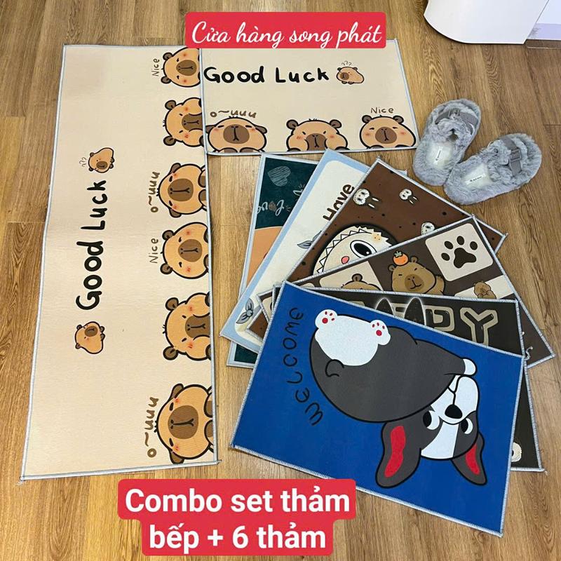 Combo thảm bếp 2 tấm kèm 6 thảm lau chân, thảm chùi chân bali tổng hợp chống trơn trượt, decor nhà tắm, phòng ngủ, nhà bếp, cực kì thấm hút nước, thảm babythree